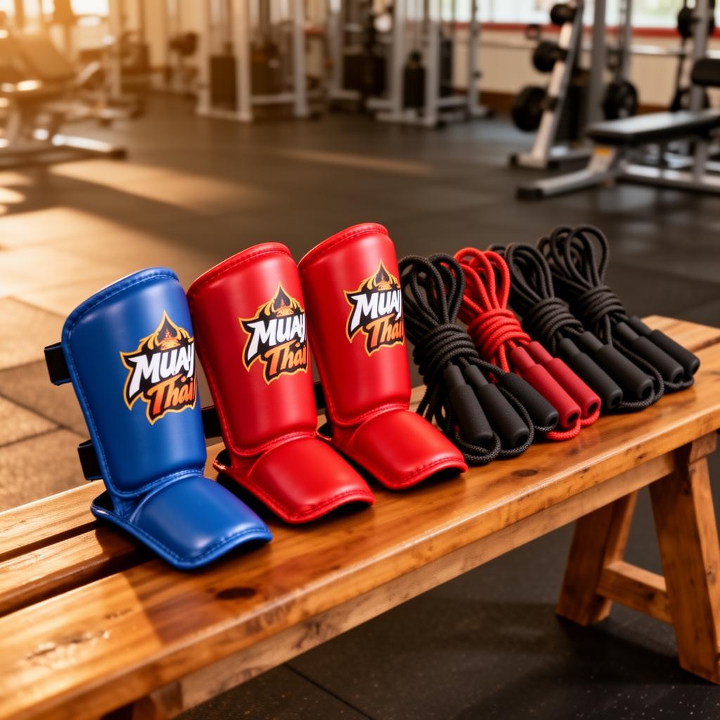 Training gear arranged on a wooden bench