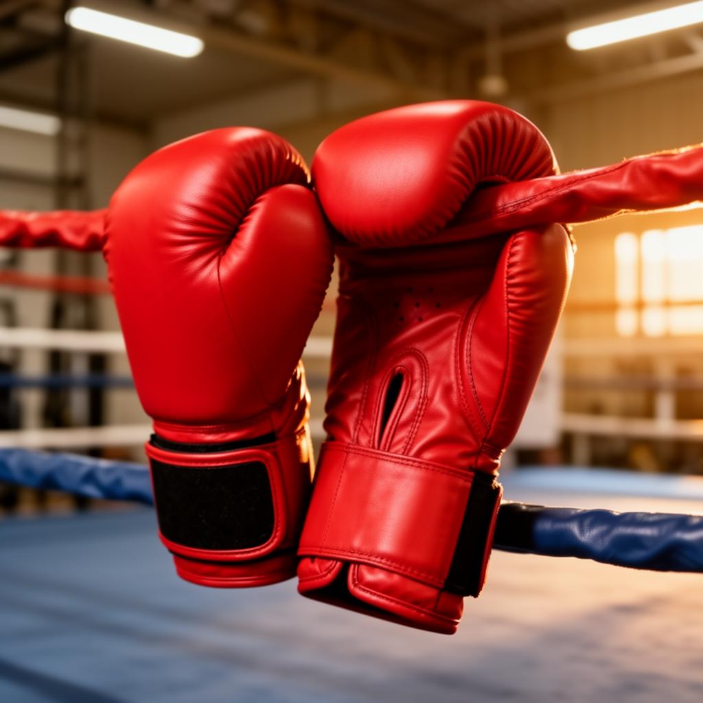 Red boxing gloves resting on the ring ropes