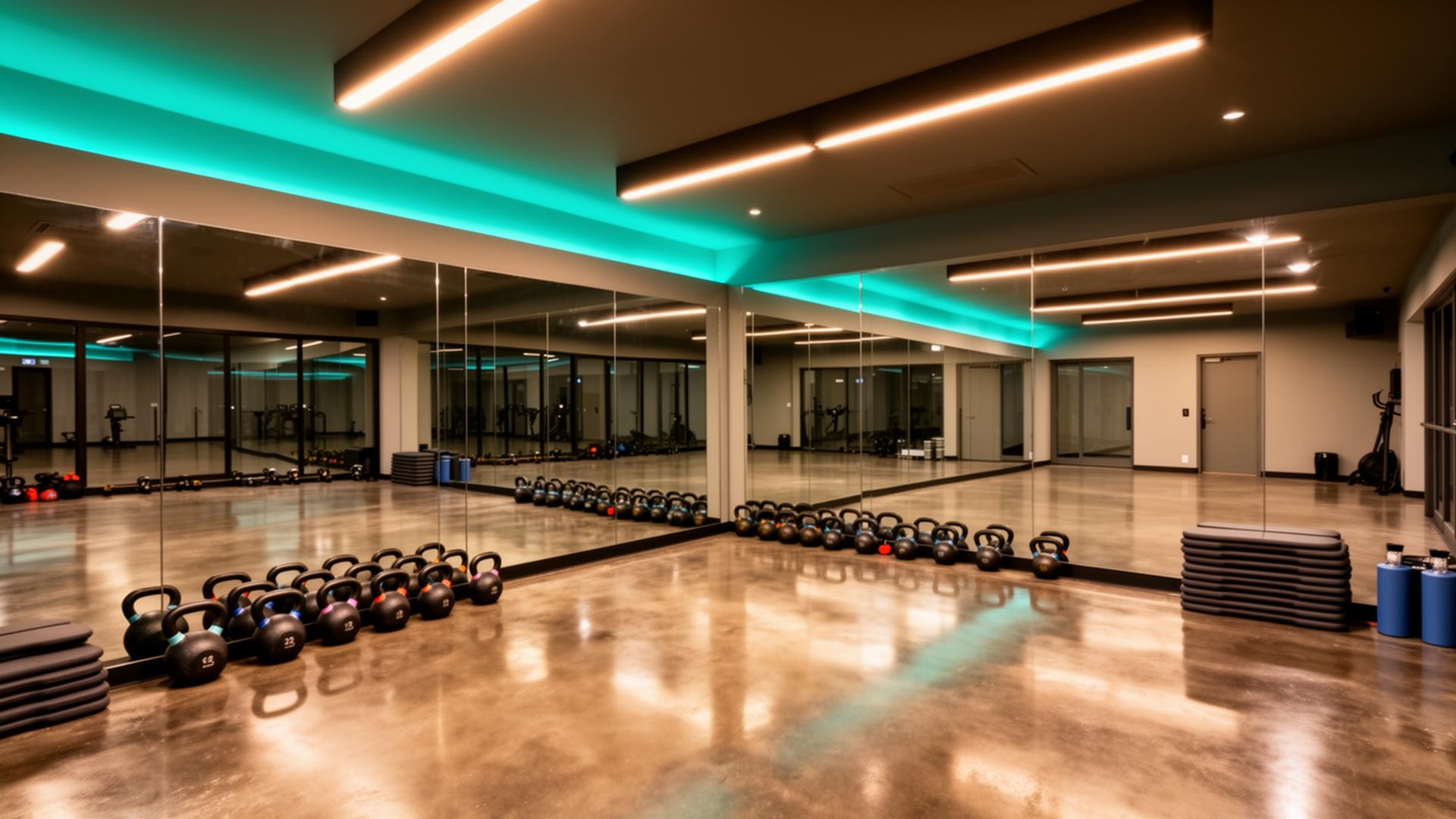 Group fitness studio with mirrors and kettlebells